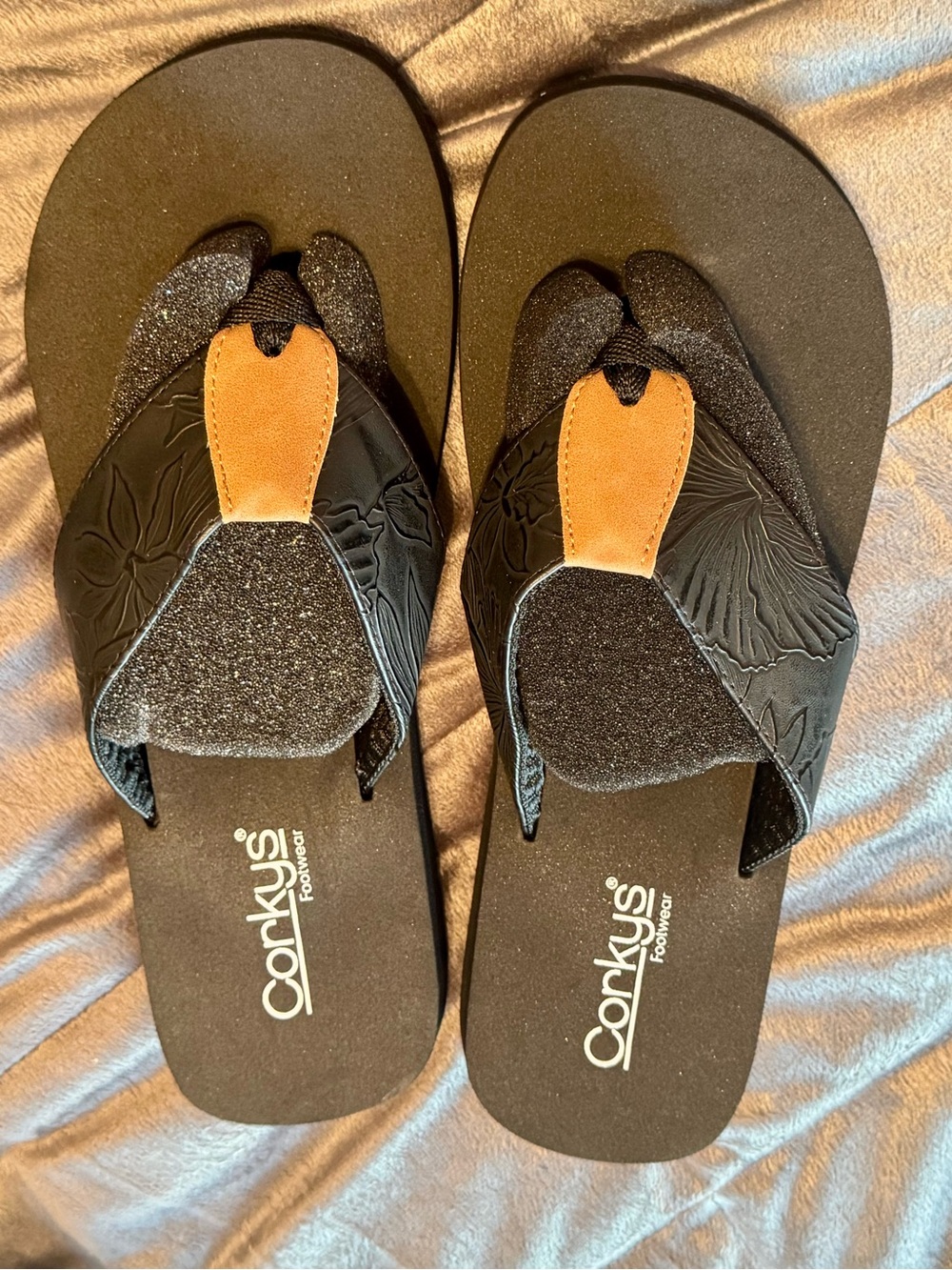 Corkys Black Sandal Flip-Flops with Tan Accent